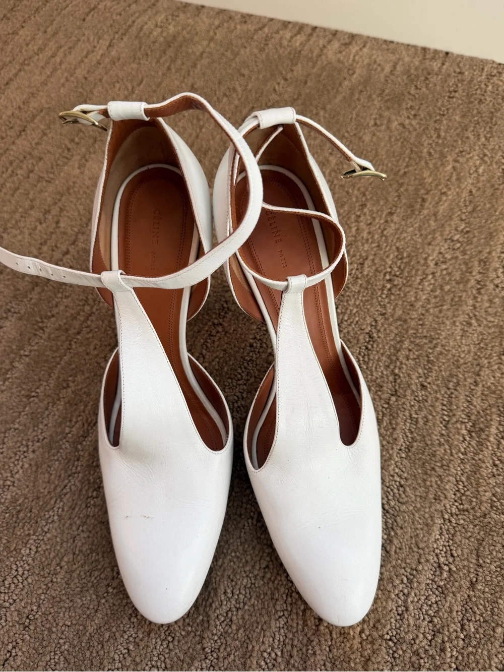 Celine White T-Strap Leather Heels